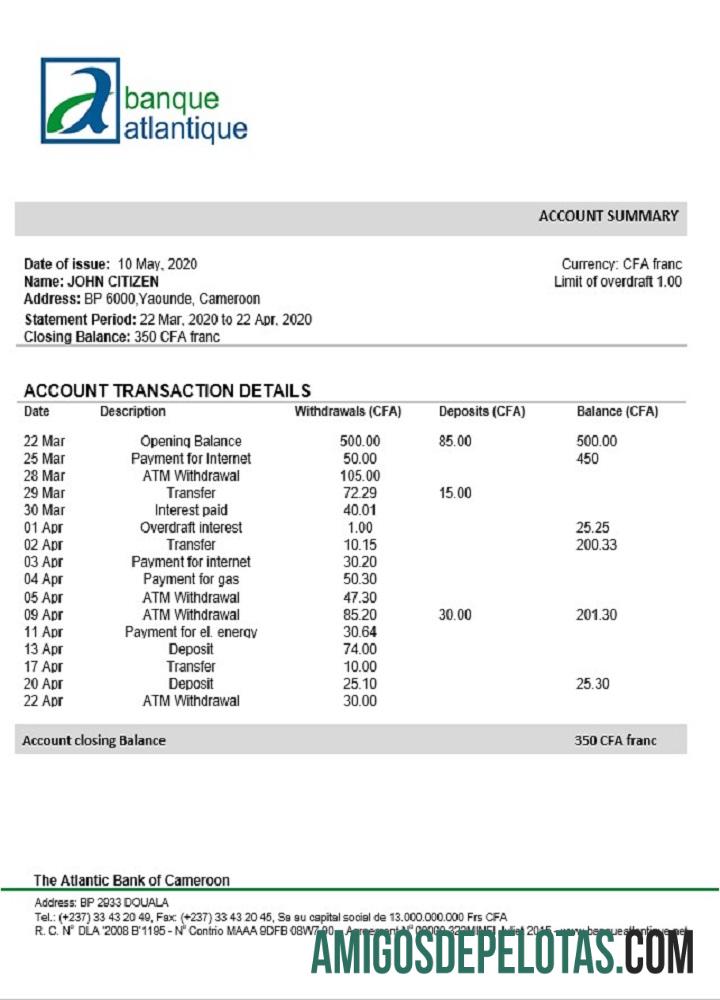 Modelo de extrato bancário do Atlântico dos Camarões para impressão, formato Word e PDF